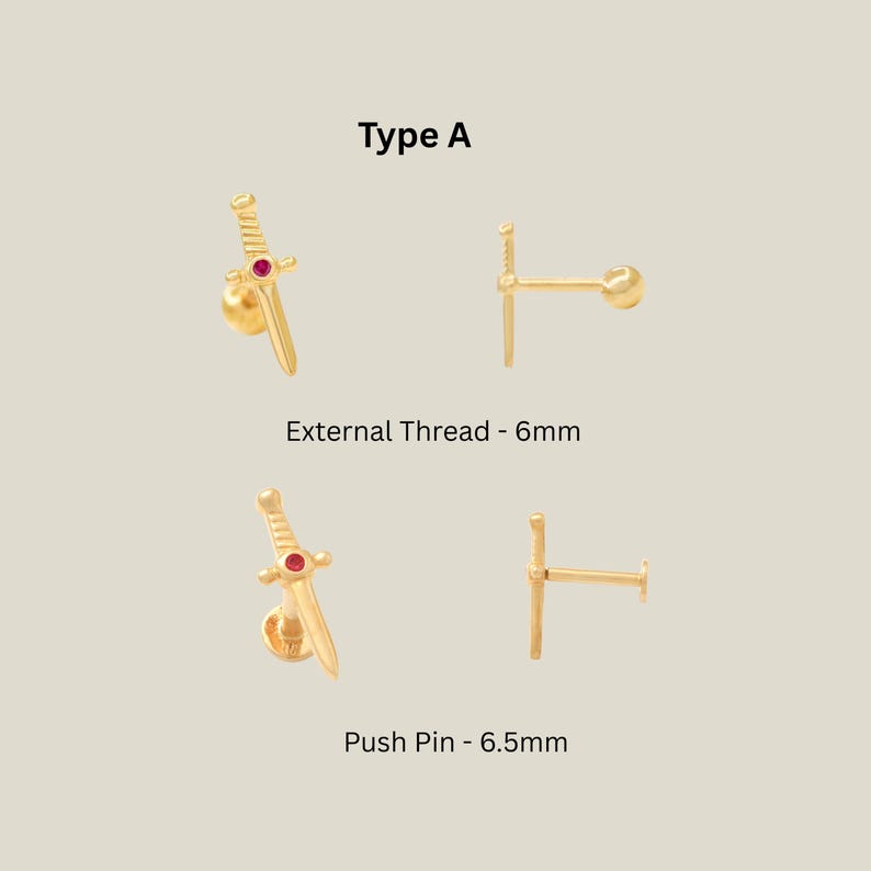 14Kゴールドダガースタッドイヤリング、ソリッドゴールドシングルイヤリング、剣型軟骨ピアス18G Type A