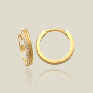 14K REAL Solid Gold Cubic Zirconia Triple-Row Hoop Earrings, Cartilage Daith Helix Tragus Conch Rook Snug Huggie Hinge Ear Ring Jewelry
