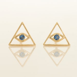 Orecchini a bottone in oro massiccio 14K VERO con piccoli occhi malvagi e zaffiri, orecchini a bottone con diamanti taglio marquise, cartilagine, elica, trago e zircone cubico