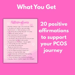 May include: A pink graphic with the text "What You Get" at the top. The image features a list of 20 positive affirmations to support a PCOS journey. The affirmations are written in a feminine font.