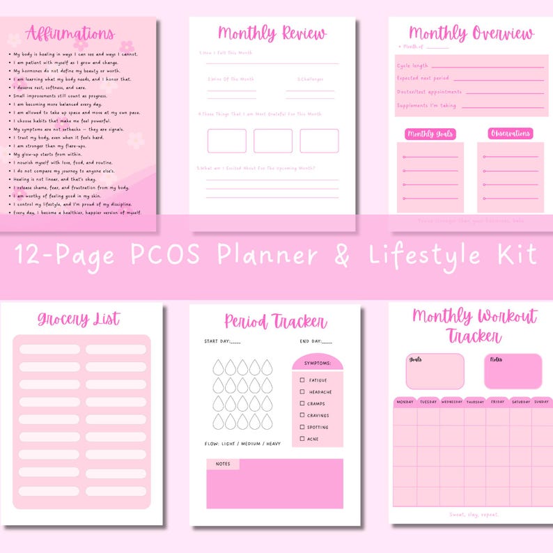 May include: A 12-page PCOS planner and lifestyle kit with pink and white pages. The planner includes sections for affirmations, monthly reviews, overviews, goals, and workout tracking. There is also a grocery list and period tracker.