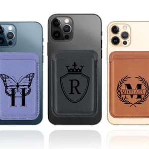 Titular de identificación de billetera magnética de cuero PU Magsafe personalizado para la serie iPhone, nombre de las iniciales de la cubierta del teléfono personalizado o cualquier texto