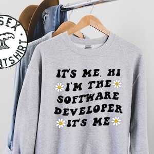 May include: Grey sweatshirt with the text "It's me, hi I'm the software developer it's me" in black with daisy graphics.