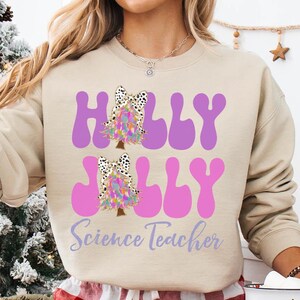 SCIENCE Teacher Christmas Sweatshirt, SCIENCE Teacher Christmas Gifts, Christmas Tree, Brushstroke, Pink Christmas Crewneck, Women