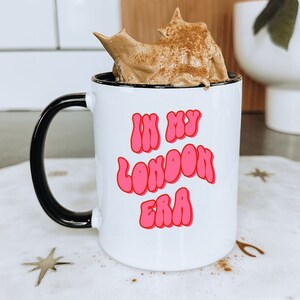 London Moving Away College Exchange Mug, Gifts, Coffee Cup Accent, Funny, Red Black Blue Navy Pink Handle, Office Decor