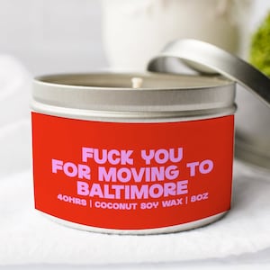 Baltimore Maryland Moving Away New State Homeowner Candle, Gifts, Tin, Coconut Soy Wax, Scented, Aromatherapy, Vanilla, Coffee, Home