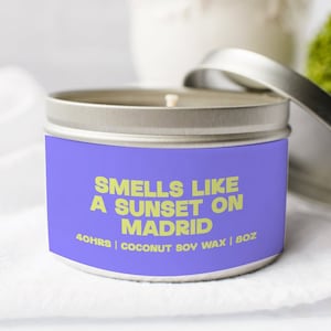 Madrid Spain Candle, Gifts, Tin, Coconut Soy Wax, Scented, Aromatherapy, Vanilla, Coffee, Home Office Decor