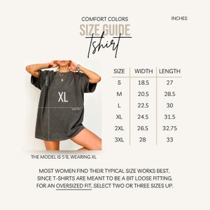 May include: Size chart for a t-shirt with measurements in inches. The chart shows the width and length of the shirt in sizes S, M, L, XL, 2XL, and 3XL. The model is wearing a size XL.