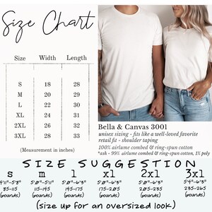 May include: Size chart for Bella + Canvas 3001 unisex t-shirts. The chart shows width and length measurements in inches for sizes S-3XL. It also includes a size suggestion based on height and weight in inches and pounds.