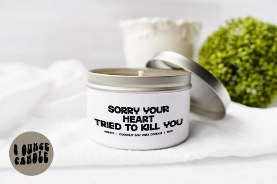 Heart Attack Failure Cancer Candle, Gifts, Tin, Coconut Soy Wax, Scented, Aromatherapy, Vanilla, Coffee, Home Office Decor