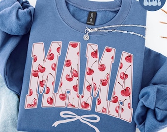 Bluza z kokardą Cherry Mama, Koszulka dla mamy, Bluza z okrągłym dekoltem dla mamy, Uroczy prezent dla mamy, Modny, Prezent na Dzień Matki, Ujawnienie ciąży