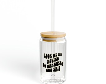 Arkansas Moving Away Glass Cup, Gifts, Bamboo Lid with Straw, Iced Coffee Water Soda Can, 16oz