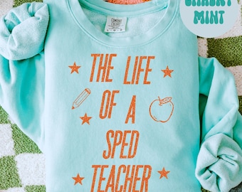 Könnte beinhalten: Hellblaues Sweatshirt mit dem Text "THE LIFE OF A SPED TEACHER" in Orange. Das Design umfasst einen Bleistift, einen Apfel und Sterne. Die Worte "CHALKY MINT" stehen in einem hellblauen Kreis oben rechts.