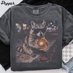 Puede incluir: Una camiseta de cuello redondo gris carbón con un estampado gráfico de un mapache que lleva gafas de sol negras y sostiene un trozo de tarta de calabaza con una porción de nata montada. El mapache está sentado en un bordillo de piedra.