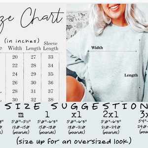 Op de afbeelding: Maattabel voor een sweatshirt met afmetingen in inches en ponden. De tabel toont de breedte, lengte en mouwlengte voor maten S tot en met 3XL. Het bevat ook een maatadvies op basis van lengte en gewicht.