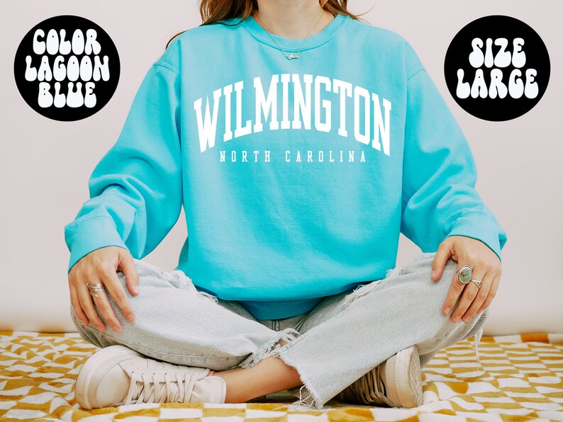 May include: A turquoise blue sweatshirt with the text "WILMINGTON NORTH CAROLINA" in white. The sweatshirt is a large size.