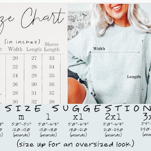 May include: Size chart for a sweatshirt with measurements in inches and pounds. The chart shows the width, length, and sleeve length for sizes S through 3XL. It also includes a size suggestion based on height and weight.