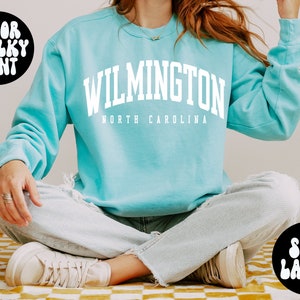 May include: A light blue sweatshirt with the text "WILMINGTON NORTH CAROLINA" in white. The sweatshirt is being worn by a person sitting on a chequered surface. The text "Size Large" is visible in the bottom right corner of the image.