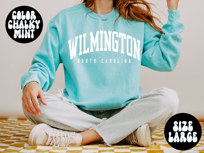 May include: A light blue sweatshirt with the text "WILMINGTON NORTH CAROLINA" in white. The sweatshirt is being worn by a person sitting on a chequered surface. The text "Size Large" is visible in the bottom right corner of the image.