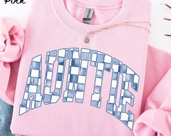 Tante Sweatshirt, kariertes Tante Shirt, Muttertagsgeschenke, neue Schwester Rundhalsausschnitt, Großmutter Rundhalsausschnitt, blau kariert