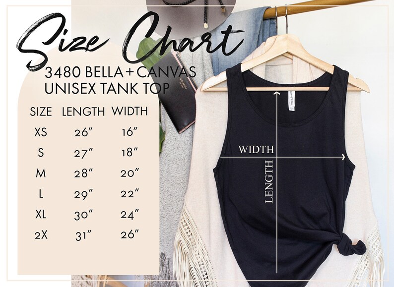Puede incluir: Tabla de tallas para un tanque unisex negro. La tabla muestra las medidas de longitud y ancho en pulgadas para las tallas XS, S, M, L, XL y 2X.