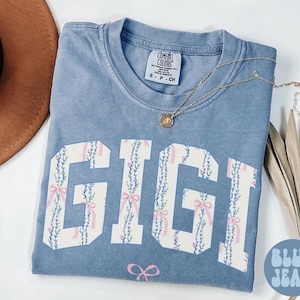 Gigi Comfort Colors Shirt, Grandma Tshirt, Mother&#39;s Day Gift, New Grandma Tee, Birthday Gift, Bows, Blue Stripes