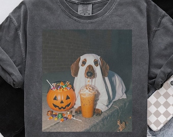 Può includere: Una t-shirt girocollo grigio antracite con una stampa grafica di un bassotto marrone che indossa un costume da fantasma bianco. Il cane è seduto accanto a un secchiello a forma di zucca arancione pieno di caramelle e un bicchiere di caffè freddo.