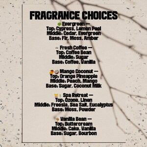 May include: A white card with black text listing fragrance choices. Each fragrance has a name, a small icon, and a list of notes for the top, middle, and base of the scent. The fragrances listed are Evergreen, Fresh Coffee, Mango Coconut, Spa Retreat, and Vanilla Bean.