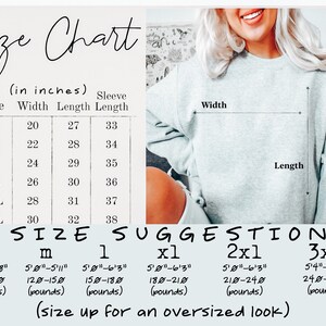 May include: Size chart for a sweatshirt with measurements in inches and pounds. The chart shows the width, length, and sleeve length for sizes S through 3XL. It also includes a size suggestion based on height and weight.