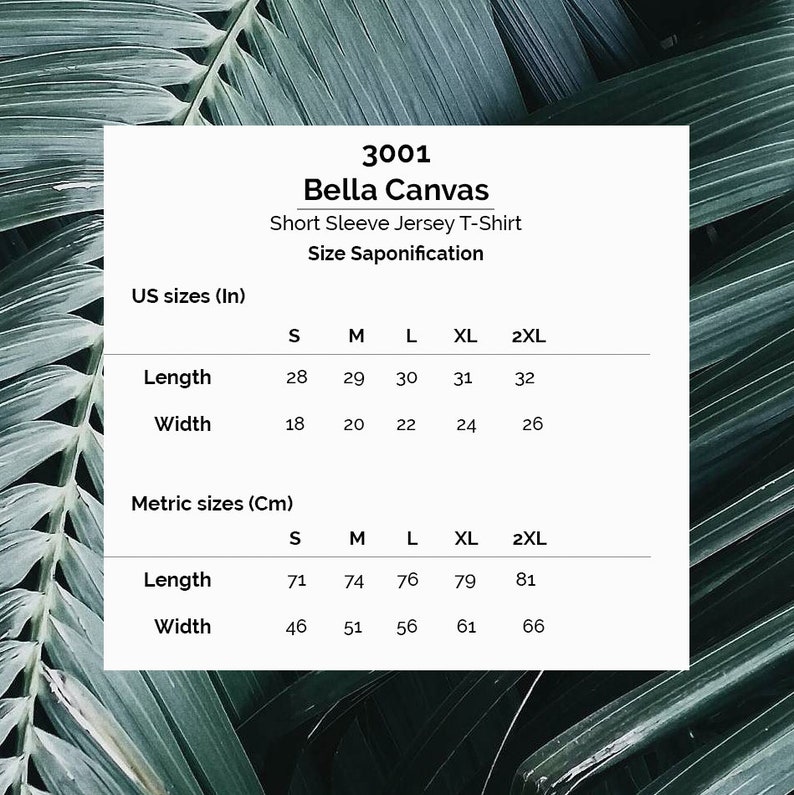 May include: Size chart for Bella Canvas 3001 short sleeve jersey t-shirt. The chart shows measurements in inches and centimeters for sizes S, M, L, XL, and 2XL.