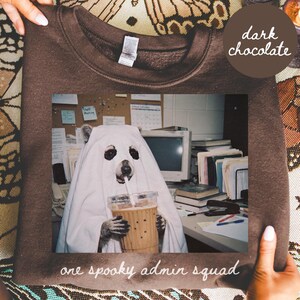Puede incluir: Una sudadera de cuello redondo color marrón chocolate oscuro con un estampado gráfico de un mapache que lleva una sábana blanca como disfraz de fantasma mientras sostiene un vaso de plástico con café helado. El texto dice one spooky admin squad.