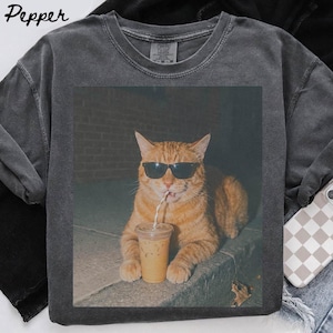 Könnte beinhalten: Ein anthrazitfarbenes T-Shirt mit Rundhalsausschnitt und einem Grafikdruck einer orangefarbenen getigerten Katze, die eine schwarze Sonnenbrille trägt und einen Eiskaffee aus einem durchsichtigen Plastikbecher mit Strohhalm trinkt.