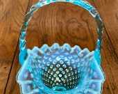 Fenton Carnival Glass Opalescent Ice Blue Hobnail Small Basket