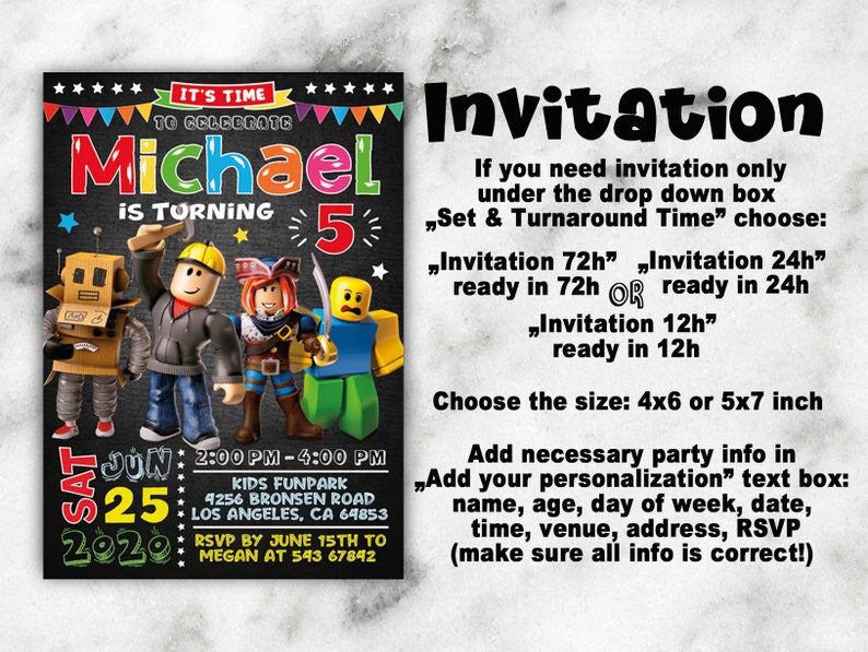 Digital Roblox Invitation For Birthday Party Games Thank You Etsy - roblox theme party invitation personalized custom you print