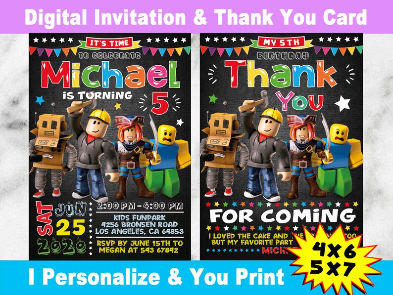 Digital Roblox Invitation For Birthday Party Games Thank You Etsy - roblox birthday party games