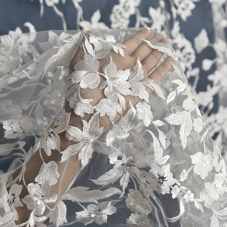Floral Embroidered Lace Fabric By The Yard Bridal Wedding Dress Mesh Fabric,Costume,Craft Making,Width 53 inches
