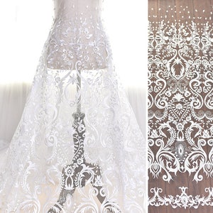 White Embroidery Lace Fabric By The Yard,Wedding Gown Bridal Dress Mesh Fabric,Width 51 inches