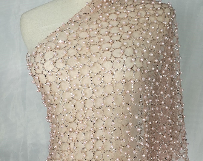 Light Pink Sequins & Beads on Chiffon Fabric