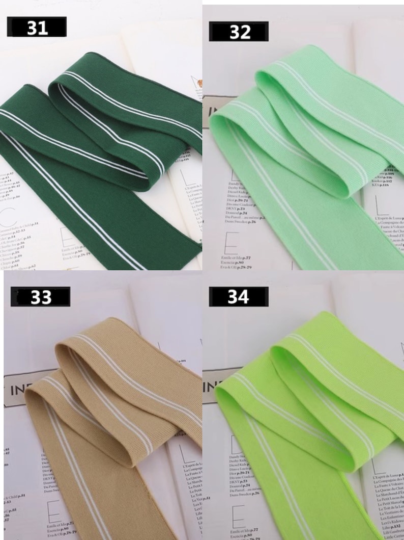 May include: Four different colors of elastic trim with white stripes. The colors are green, light green, beige, and lime green. The trim is 31, 32, 33, and 34.