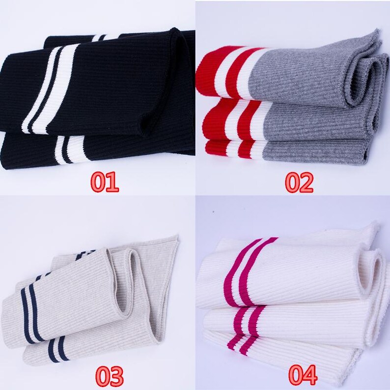 May include: Four pairs of folded socks with striped designs. The socks are in various colors: navy blue with white stripes, red with white stripes and gray, beige with navy stripes, and white with pink stripes. The numbers 01, 02, 03, and 04 are printed on the image.