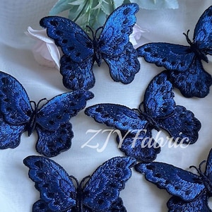 3個セット ブルー バタフライ 刺繍 縫い付けパッチ 縫い付けパッチ アップリケ 服、ドレス、帽子、ジーンズ、DIYアクセサリー用