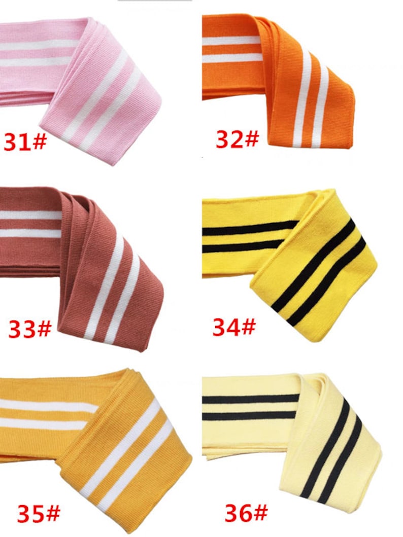 Op de afbeelding: Vijf verschillende kleuren gebreid stof met twee witte strepen. De kleuren zijn roze, oranje, rood, geel en lichtgeel. De stof is 31#, 32#, 33#, 34#, 35# en 36#.