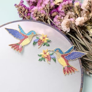 Conjunto de 2 parches de bordado de colibrí para planchar / coser en parches de apliques para manualidades, insignia de apliques, apliques para ropa, sombrero, accesorios de bricolaje