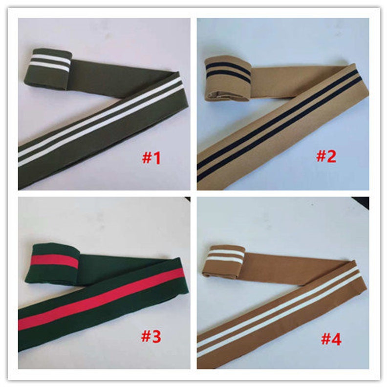 May include: Four different types of elastic trim with contrasting stripes. The trims are in green, brown, green, and brown. The stripes are white and black, white and black, red and white, and white and brown. The trims are labeled #1, #2, #3, and #4.