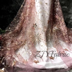 Star Moon Sequins Embroidery Lace Fabric By The Yard,Wedding Bridal Dress Costume Supplies Lace Fabric,DIY Handmade,Width 51 inches