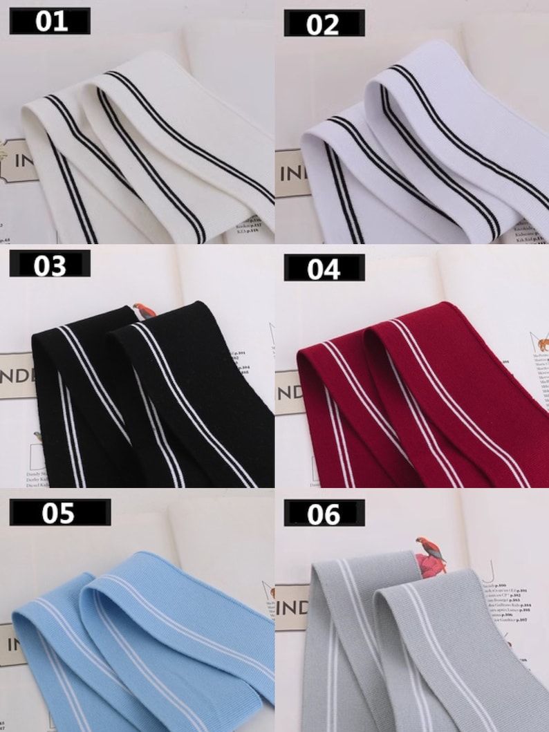 May include: Six samples of double-striped elastic trim in different colors: white with black stripes, black with white stripes, red with white stripes, light blue with white stripes, gray with white stripes, and white with black stripes.