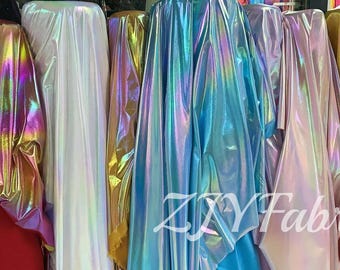 1 meter 59" brede holografische stof, stretch spandex stof, effen stof, 4-way stretch, danskleding, kostuums, iriserend hologram, 17 kleuren