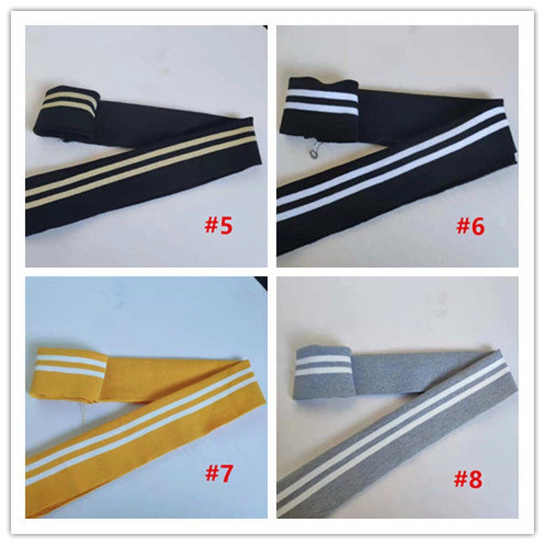 May include: Four different types of black, gray, yellow, and white striped elastic trim with white stripes. The trim is labeled #5, #6, #7, and #8.