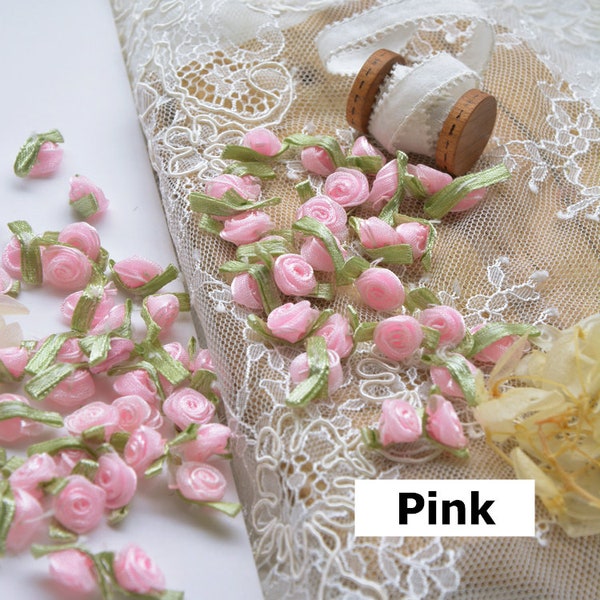 10 PCS Satin Ribbon Mini Roses And Leaves, Satin Flowers, DIY Handmade Craft Supplies, Dress Embellissements, Floral Decor,15mm