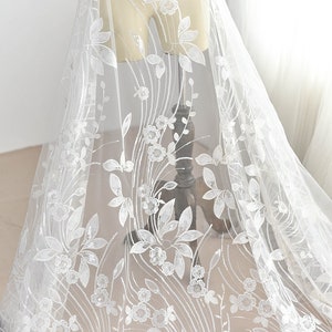 Flowers Sequins Embroidered Lace Fabric By The Yard,Wedding Bridal Dress Mesh Fabric,DIY Handmade,For Evening Dress,Width 49 inches